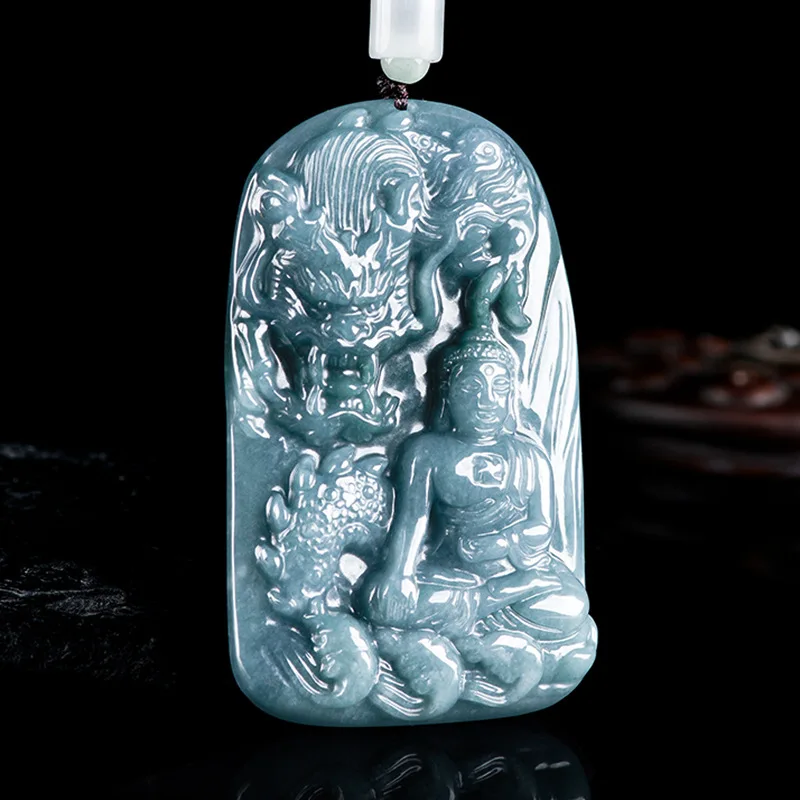 Natural Old Material A-grade Jade Blue Water Divine Dragon Buddha Brand Zodiac Ice Jadeite Pendant For Men's Charms Women's Gift