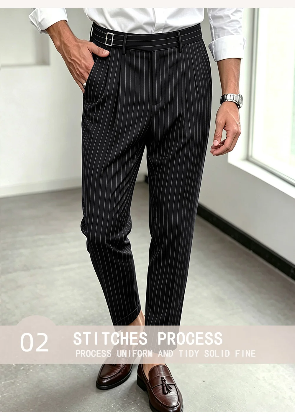 Sommer- und Ganzjahres-Herrenhose mit Streifenmuster, verstellbare Taille, Taschen, taillierter Schnitt, Business-Casual-Arbeitshose – Detail 4
