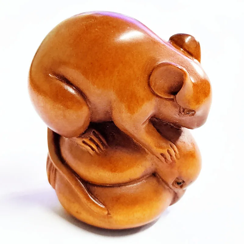 

Y8826 - 2 "резная вручную японская фигурка Netsuke из бокса: мышь и рыба