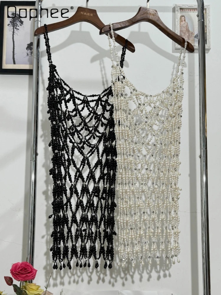 Fashion Sexy Cutout Mini Dress Spring Summer Seaside Holiday Handmade Beaded See-through Diamond Strap Dress for Women