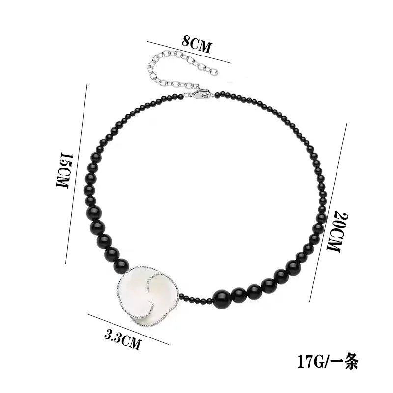 

French Premium Plum Blossom White Enamel Black Agate Pearl Stud Earrings Necklace Ring Set