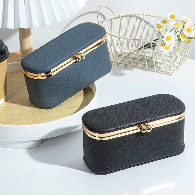 New Genuine Leather Jewelry Box for Women Portable Travel Kiss‑Lock Pouch Makeup Box for Lipsticks Rings Earrings Small Trinkets