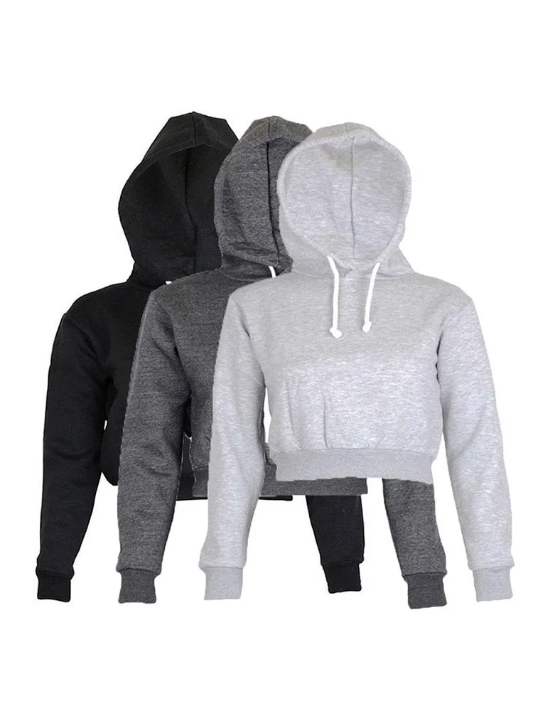 

Autumn 2025 Women's Solid Color Crop Hoodie Long Sleeve Hooded Pullover Sweatshirt Casual Jumper Top for Women