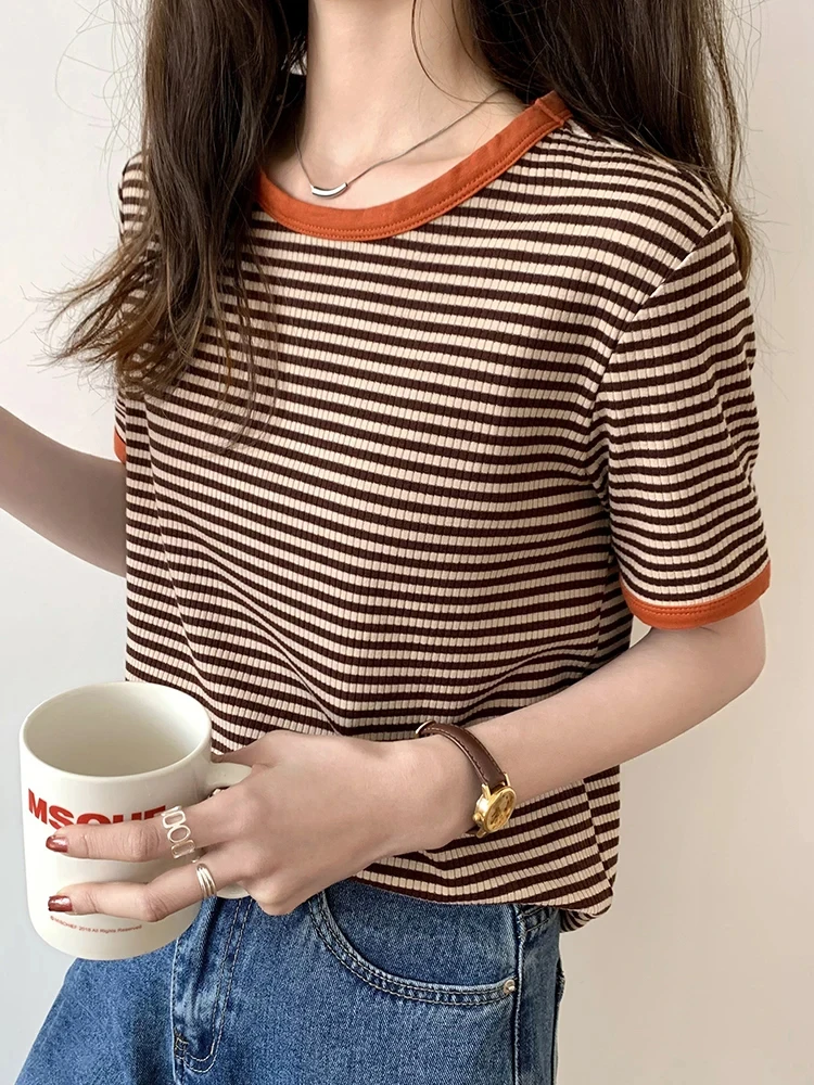 Summer New Korean Striped Short Sleeve T-shirt Women's Version Loose Retro Contrast Slim Round Neck Women's Fashion Casual Tops