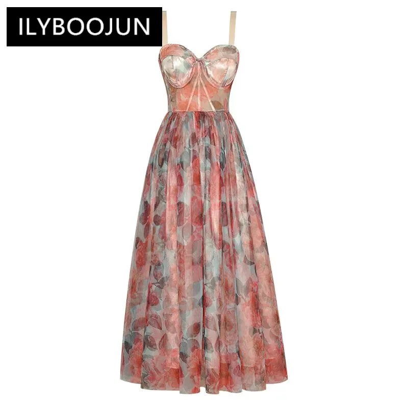 

ILYBOOJUN Fashion Designer Summer Mesh Sling Dress Women's Slash Neck Sleeveless Off Shoulder Backless Vintage Print Midi Dress