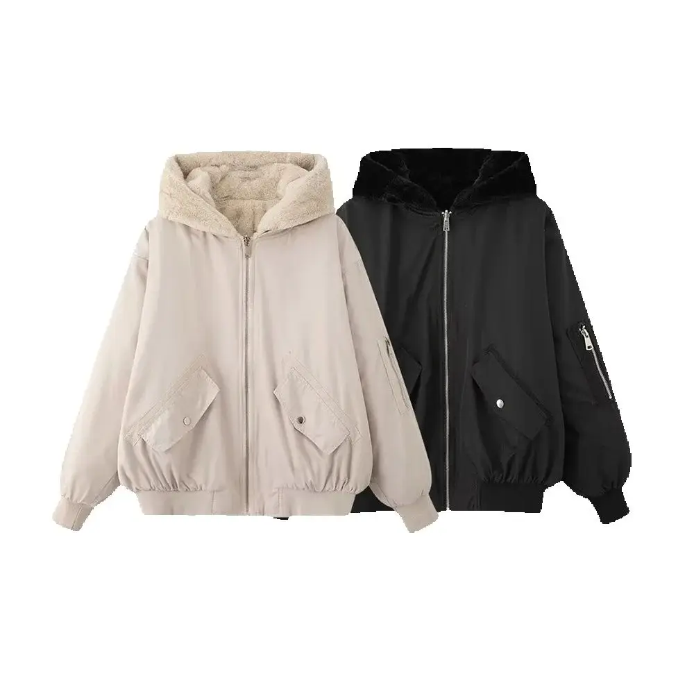 

Autumn and winter new women's fashion versatile double-sided pilot jacket hooded jacket