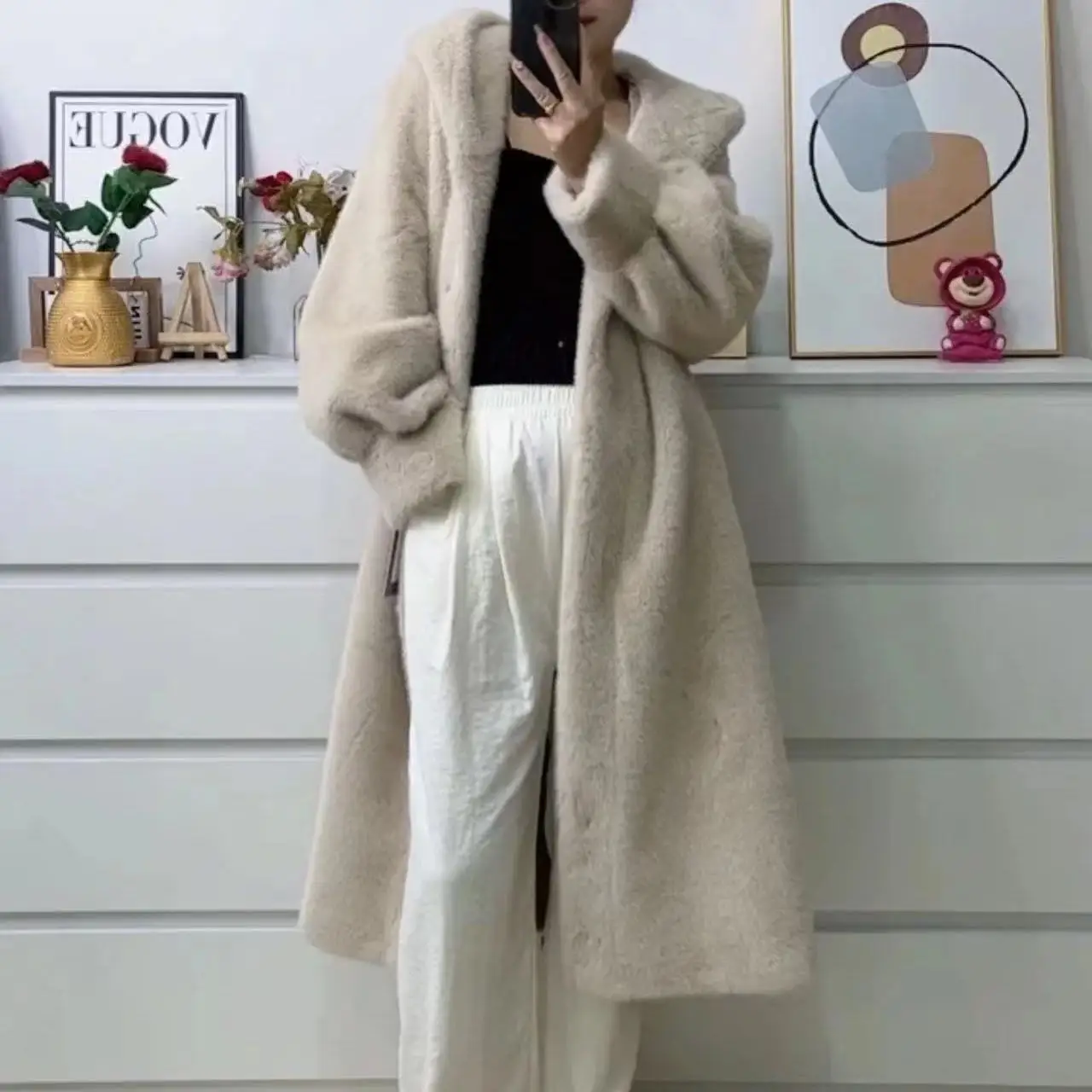 Winter Long Brown Thick Warm Soft Faux Mink Fur Coat Women Puff Sleeve Elegant Luxury Chic Fluffy Furry Overcoat 2024 LX280