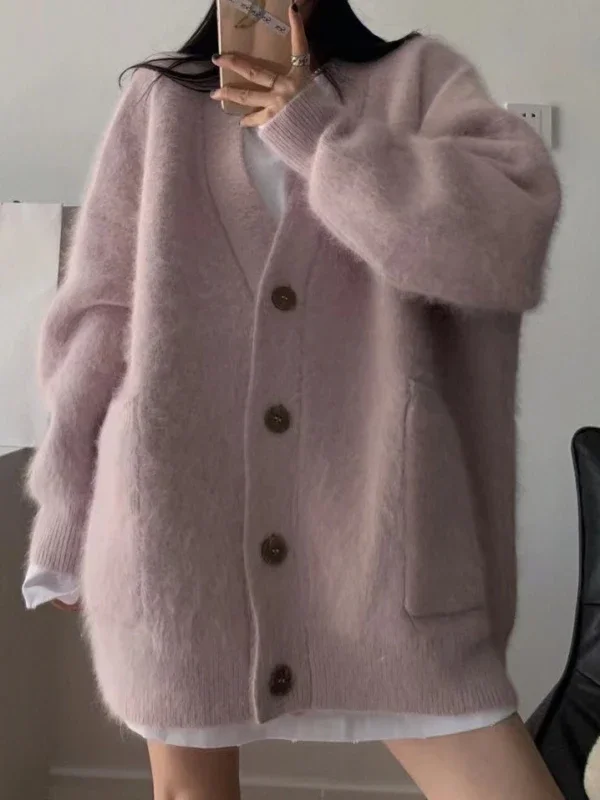 

Pink Vintage Knitted Sweater Coat Women Autumn Korean Fashionknitted Sweater Female Warm Long Sleeve Pocket Casual Cardigan 2024