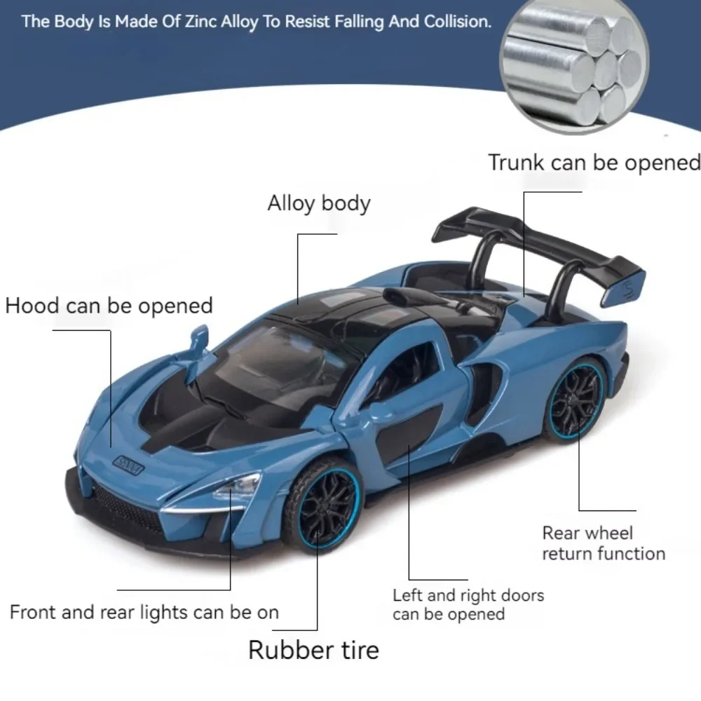 Modelo de coche de juguete SENNA a escala 1:32, luz de sonido fundido a presión de aleación, 4 puertas abiertas, modelos de vehículos en miniatura para regalo de recuerdo para niños