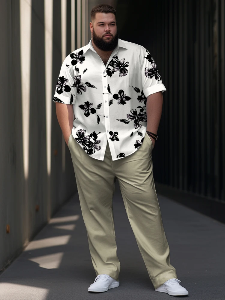 L-9XL Short sleeved Shirt and Long Pants Set Plus Size Men Summer Leisure Business Flower Vine Print Two Piece Set ZOOY