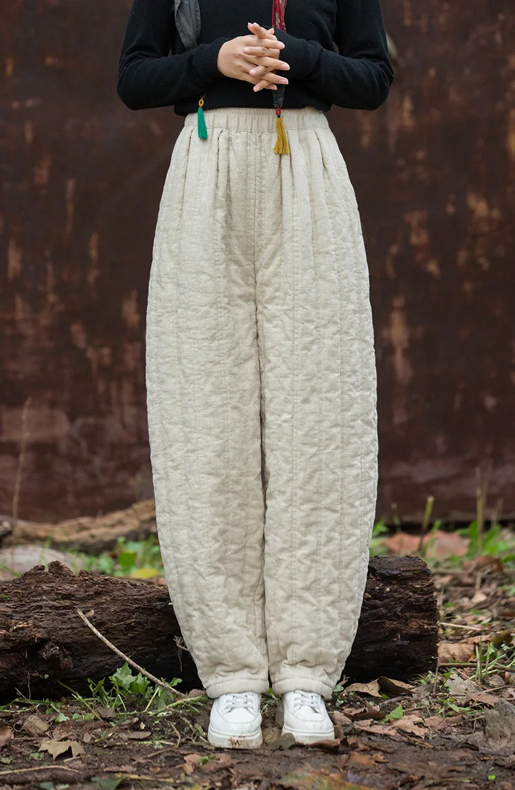 Winter women's quilted ramie-cotton pants. Tinted for style, slim-fit, and warm for versatile casual wear.