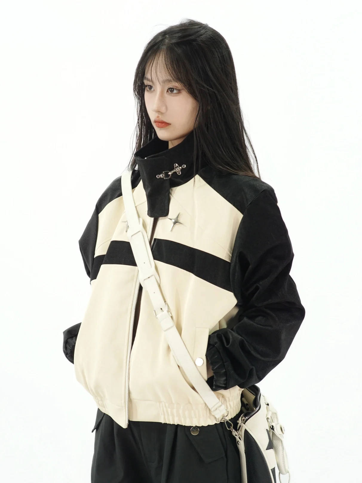 Amoeba Americano Retro Impiombato Colore Ort Pelle Jaet Donna Spicy Or Capispalla Autunno Design Originale Vestibilità Allentata