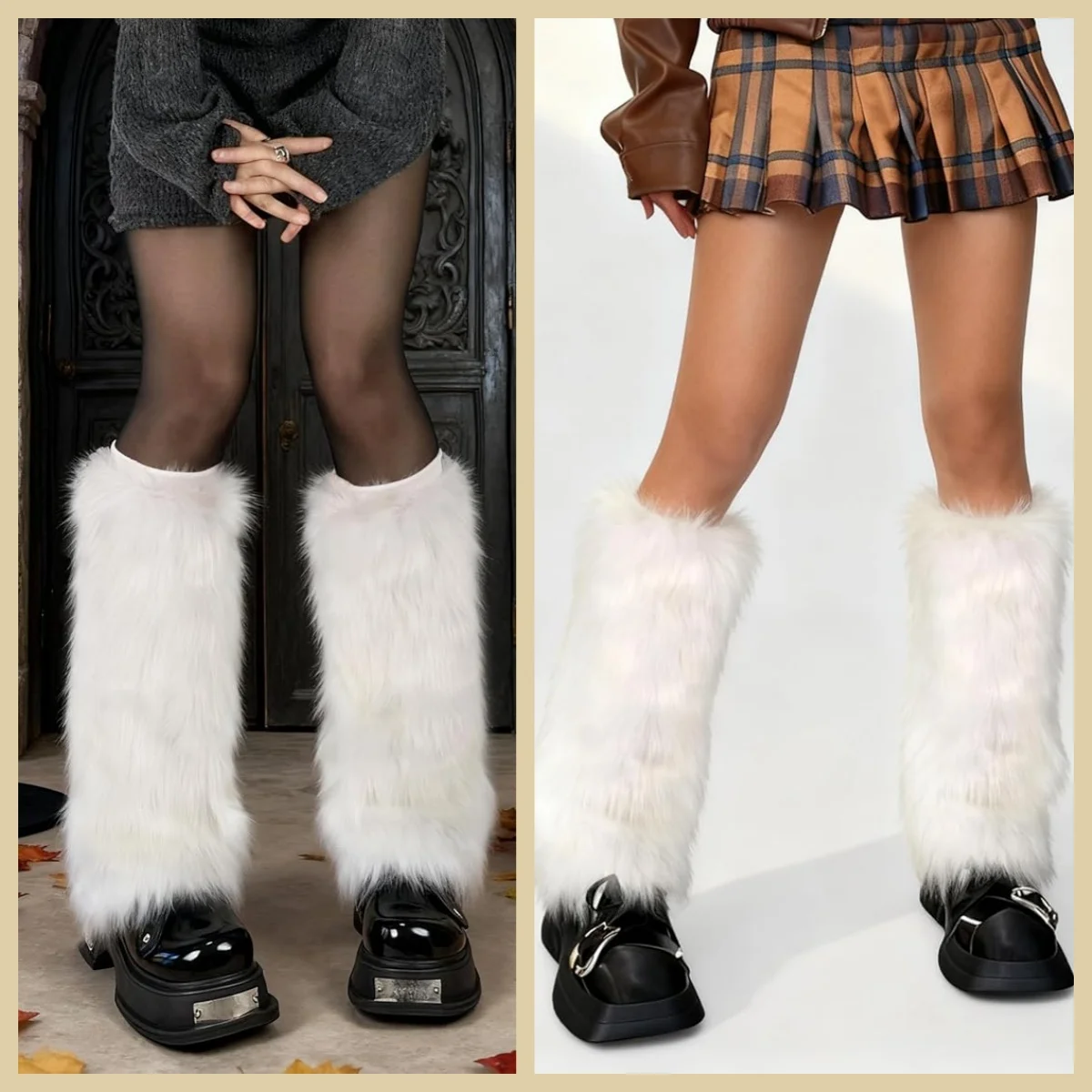 Lolita JK Leg Warmers Faux Fur Winter Warm Furry Gothic Punk Black Foot Warming Cover For Boots With LED Light Effect
