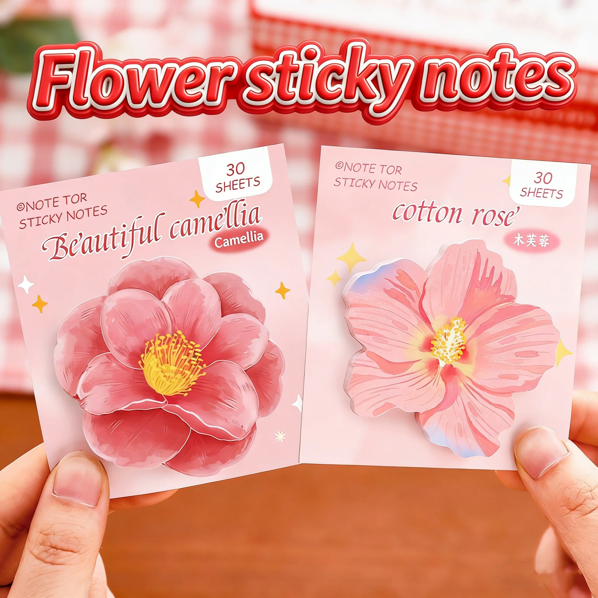 4Pcs Kawaii Flower Sticky Notes, Sakura Rose Memo Pads Office Stationery