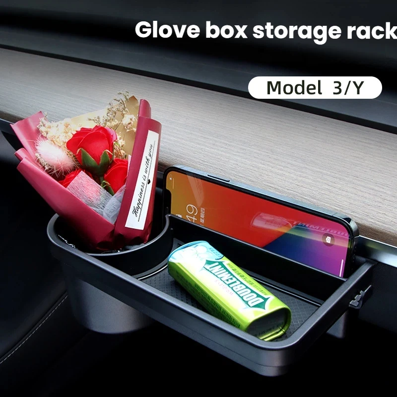 For Tesla Model 3Y Co-pilot Glove Box Storage Box Storage Mobile Phone Water Cup Holder Hook Accessories