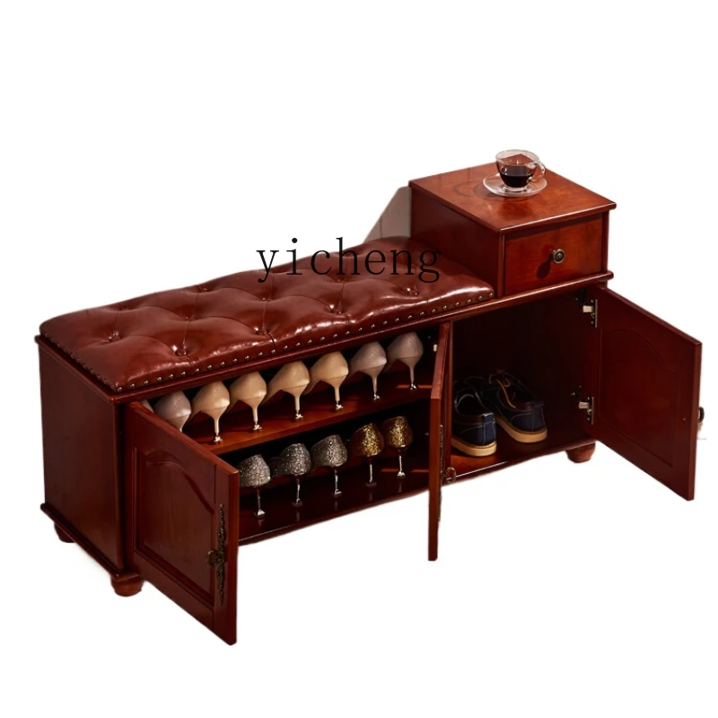 ZC Vintage Solid Wood Shoe Cabinet Shoe Changing Stool Home Doorway with Drawer Storage Home Footstool