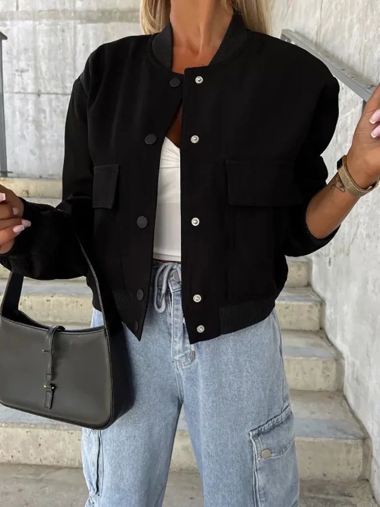 

2023 Fashion Women Autumn Winter Jackets Long Sleeve Stand Collar Loungewear Coats Simple Solid Stand Collar Cardigan Outerwear