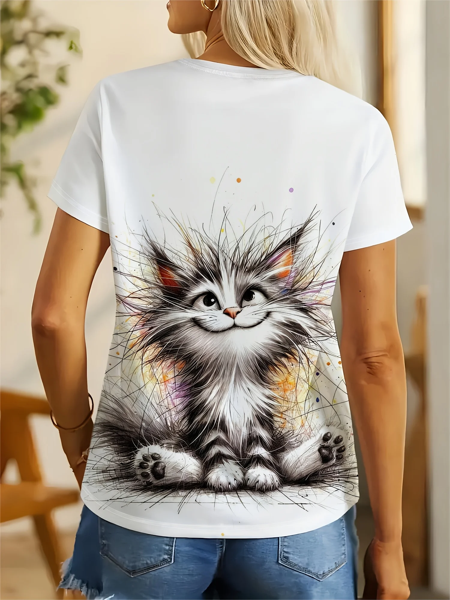 Women Short Sleeve T‑Shirt Happy Fluffy Kitten Sketch Art Print Crew Neck Festival Gift Casual Daily Wear Women's Clothes