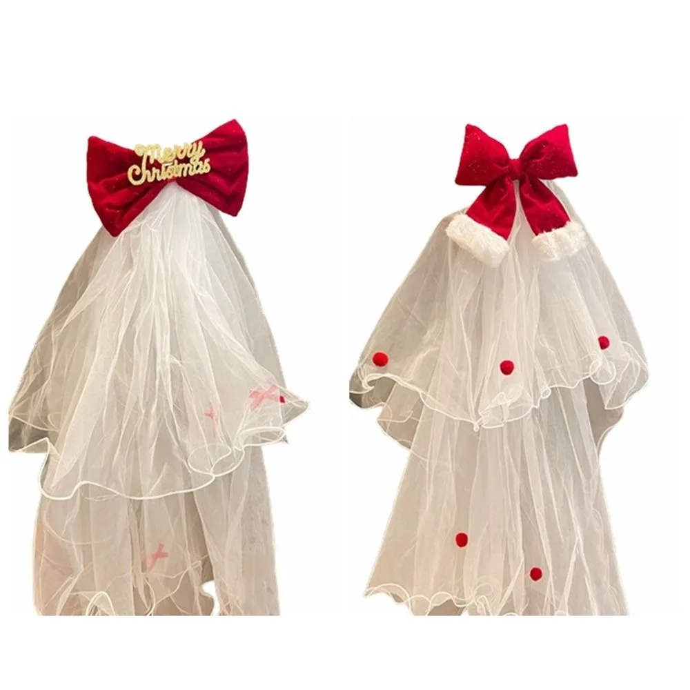 Elegant Red Christmas Veil Headband Velvet Hair Band Bridal Tulle Photo Props Mesh Bow Veil Birthday Headdress