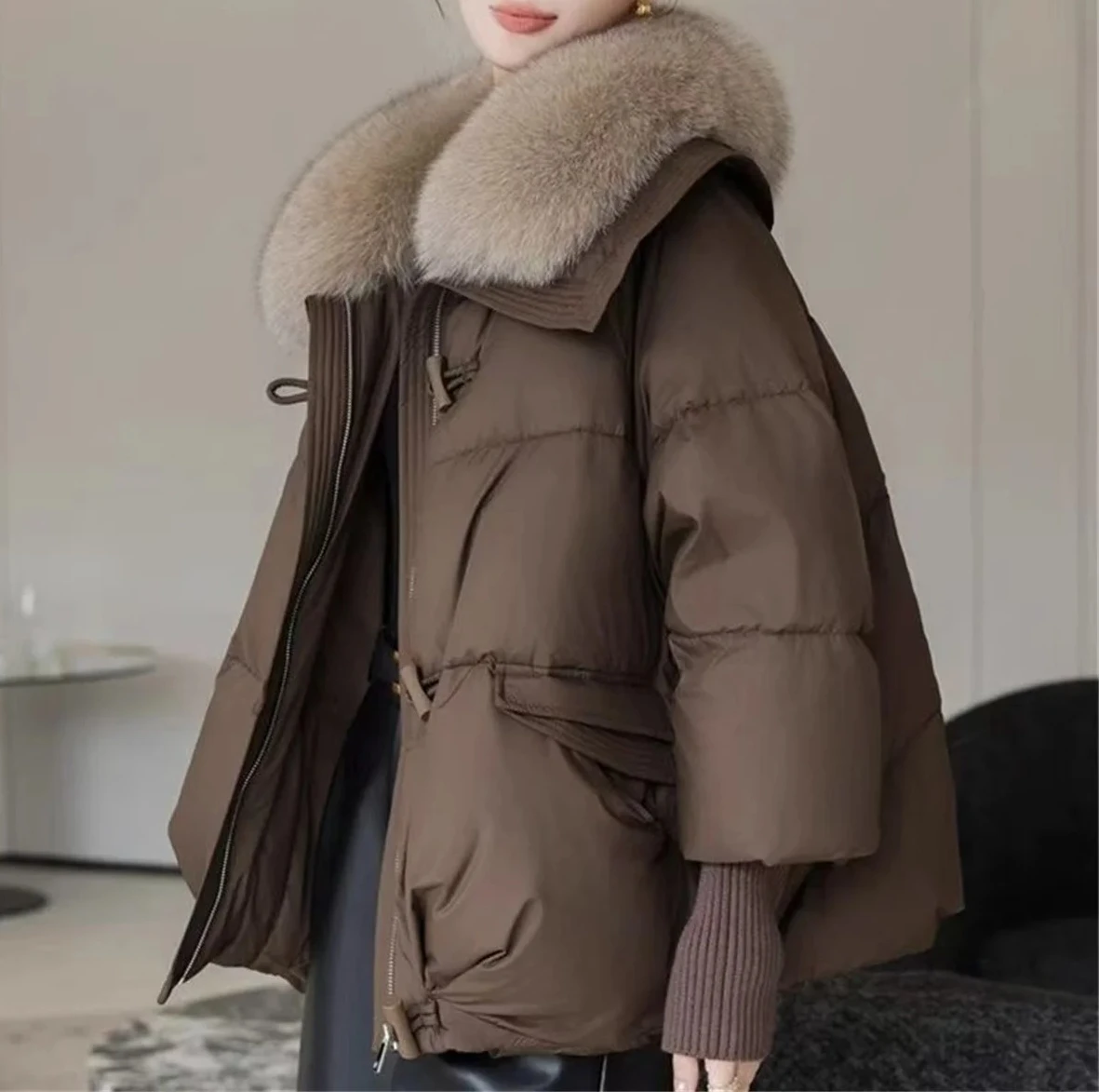 

Women's Casual Big Fur Collar Thickened Coat Winter New Short Down Jacket Korean Loose Parka Coat Lady Outerwear