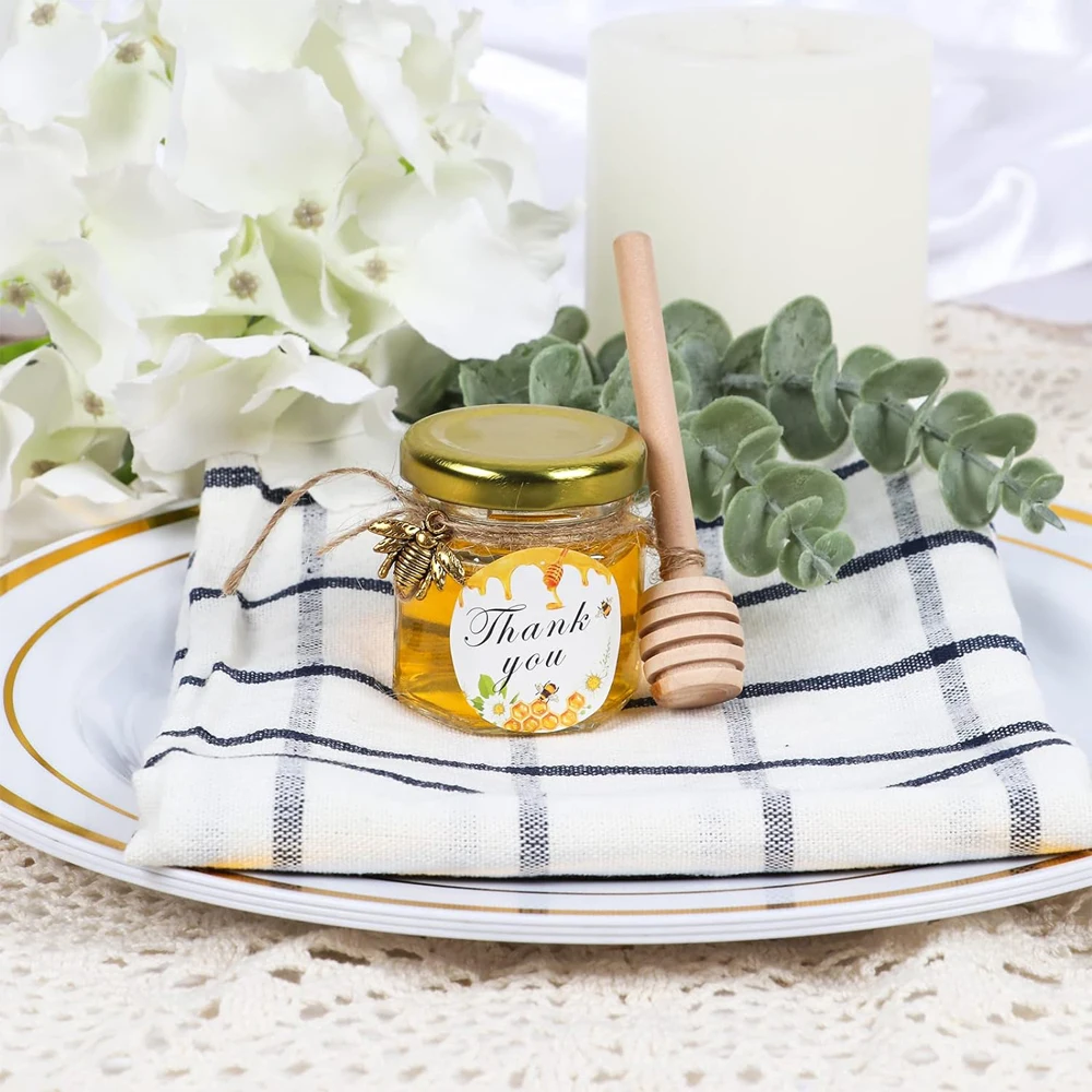 12pack 1.5oz Hexagon Glass Mini Honey Jars with Dipper Party Wedding Baby Shower Favors for Guests Candy Jars with Stickers