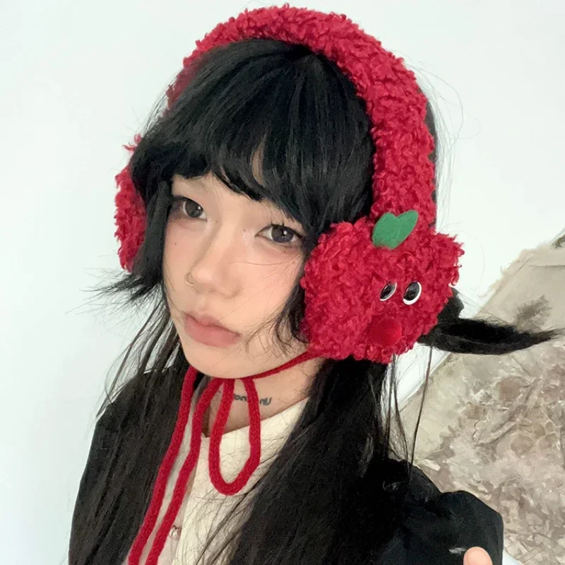 Cute Apple Shape Design Red Plush Earmuffs for Women Autumn and Winter Warm Ear Protection Fashion Versatile Straps Hairband