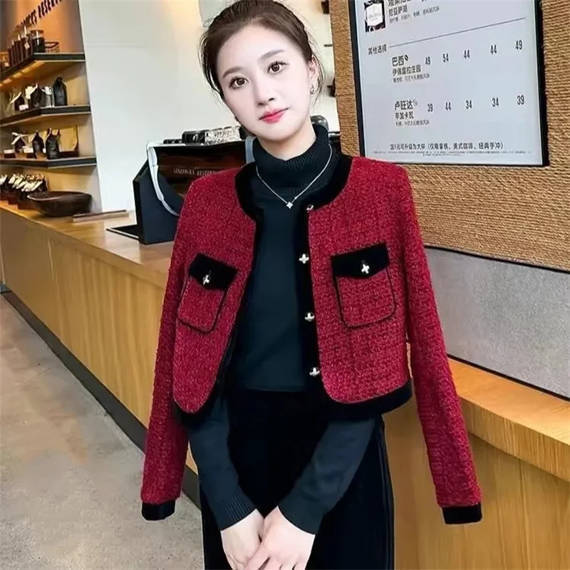 Spring Autumn Women Short Jackets Elegant Ladies Office Blazers O-neck Long Sleeved Single Breasted Tweed Jacket Chic Outerwear