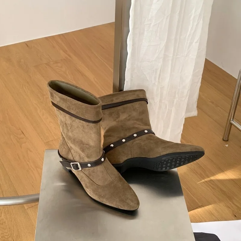 Women Camel Suede Ankle Boots Buckle Button Detail Botas Vintage Charm Pointed Toe Design Elegant Autum Casual Daily Lady Shoes