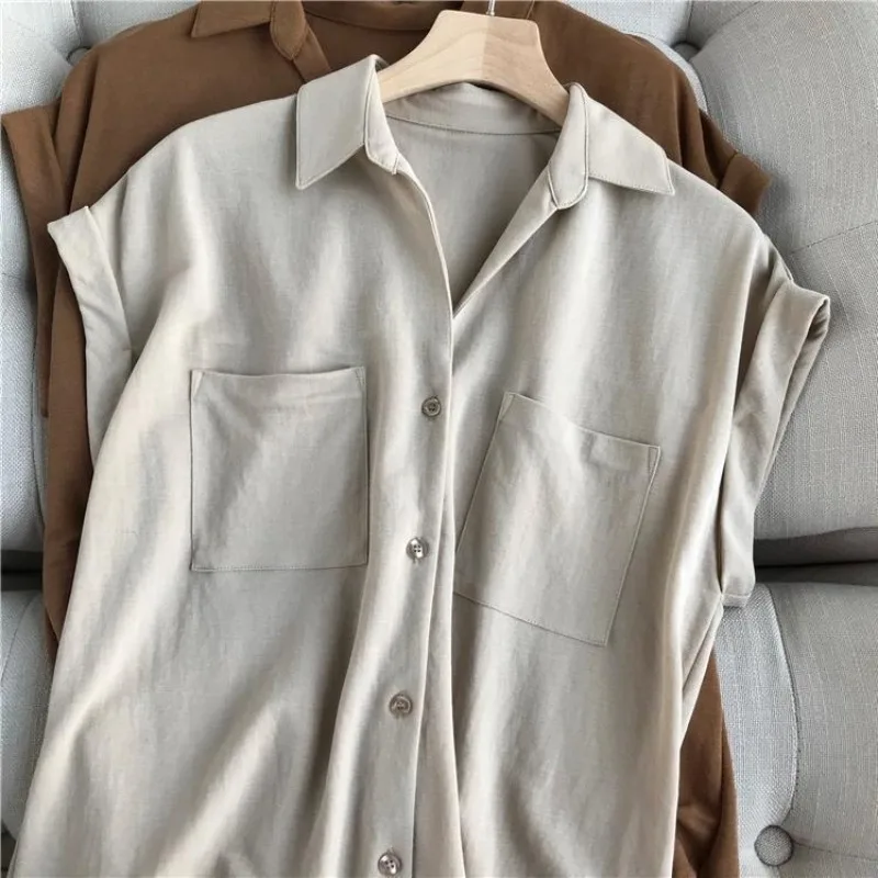 

Summer Shirts Women Short Sleeve Loose Solid Color Turn Down Collar Casual Leisure Simple Vintage French Style Ladies Minimalist