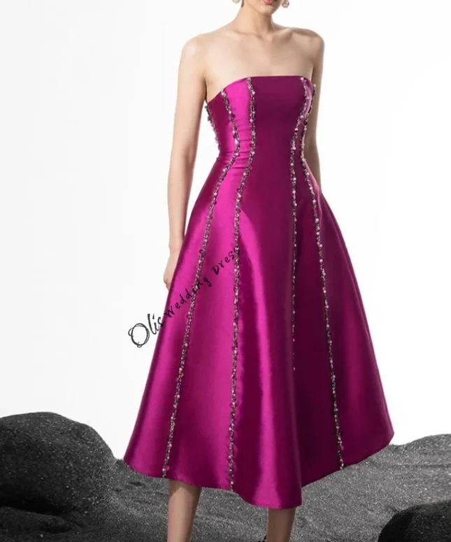 customized Evening Dress Short Strapless Sleeveless Beading Stones A Line Satin Party Dresses Cocktail Pocket Prom Gown Tea Leng