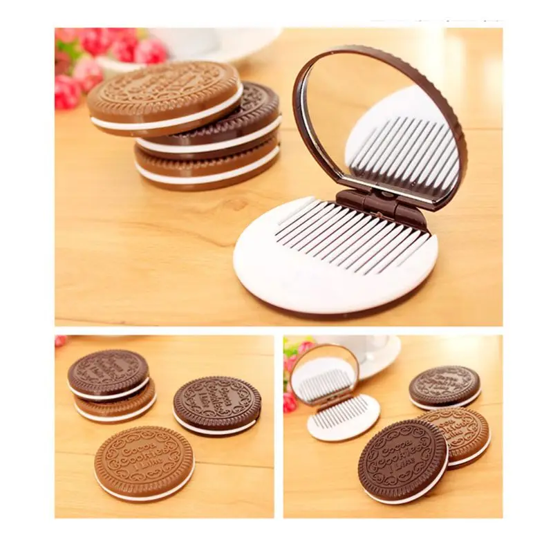 Women Girls Chocolate Cookie Mini Pocket Mirror With Comb Princess Portable Sand Drop Shipping