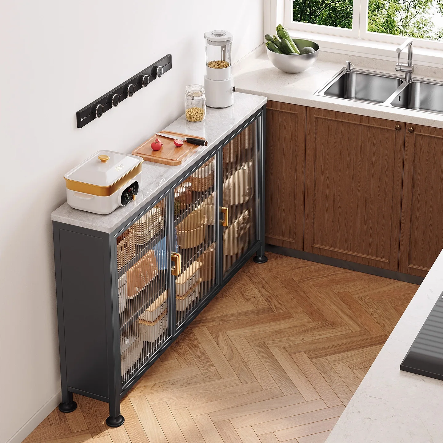 Slate kitchen rack Floor-to-ceiling multi-functional console Pot and bowl storage Extremely narrow side cabinet storage rack