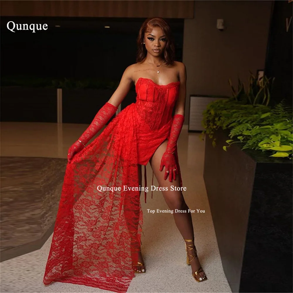 

Qunque Dubai Red Prom Gown Mini Overskirts Lace Appliques Evening Dresses Mermaid Sexy Open Back Vestidos De Celebridades 2024