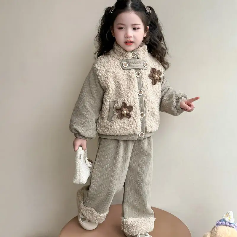 Hot Girl Thicken Coat Pants Two-Piece Set Autumn Winter Tops Straight-Leg Pants Child Student Kawaii Fashion New Casual Clothing