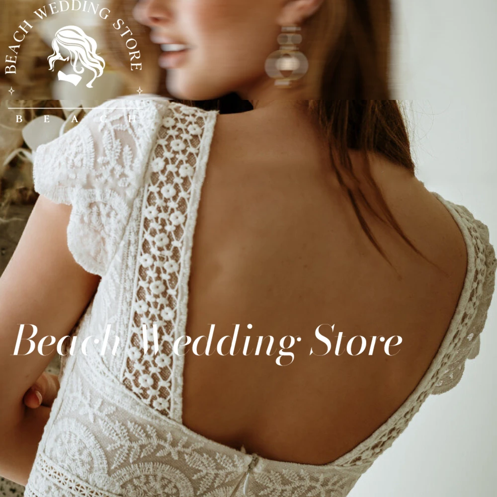 

Beach Customized Elegant O Neck Lace Appliques Wedding Dress Women Short Sleeves Backless Bride Dress A Line Simple Bridal Gown