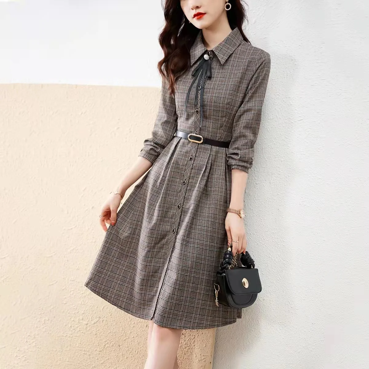 Spring Autumn New Fashion Gingham Women Temperament Polo Single Breasted Long Sleeve Slim Midi Dress Exquisite Office Lady Dress