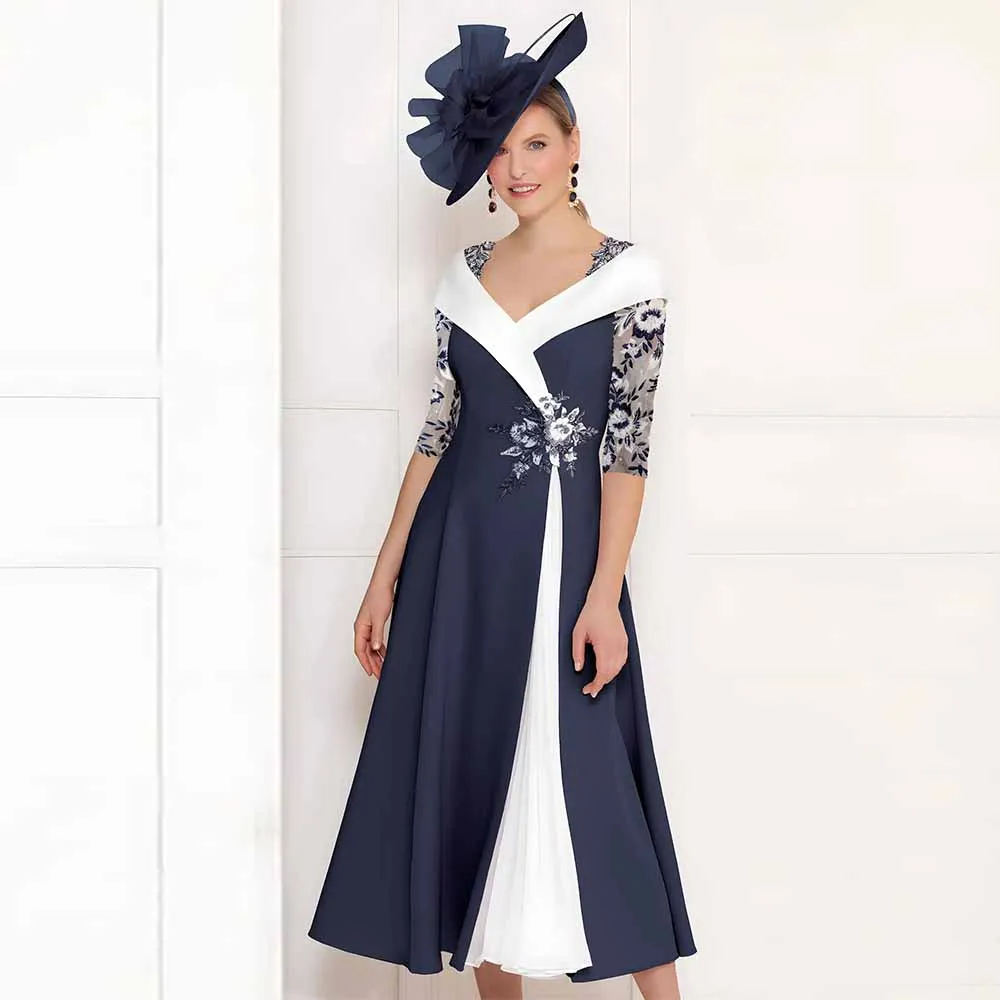 

Retro Wedding Guest Dresses Satin A-line Mother of the Bride Dress Navy Blue V-neck Embroidery Contrast Color Prom Dress Midi