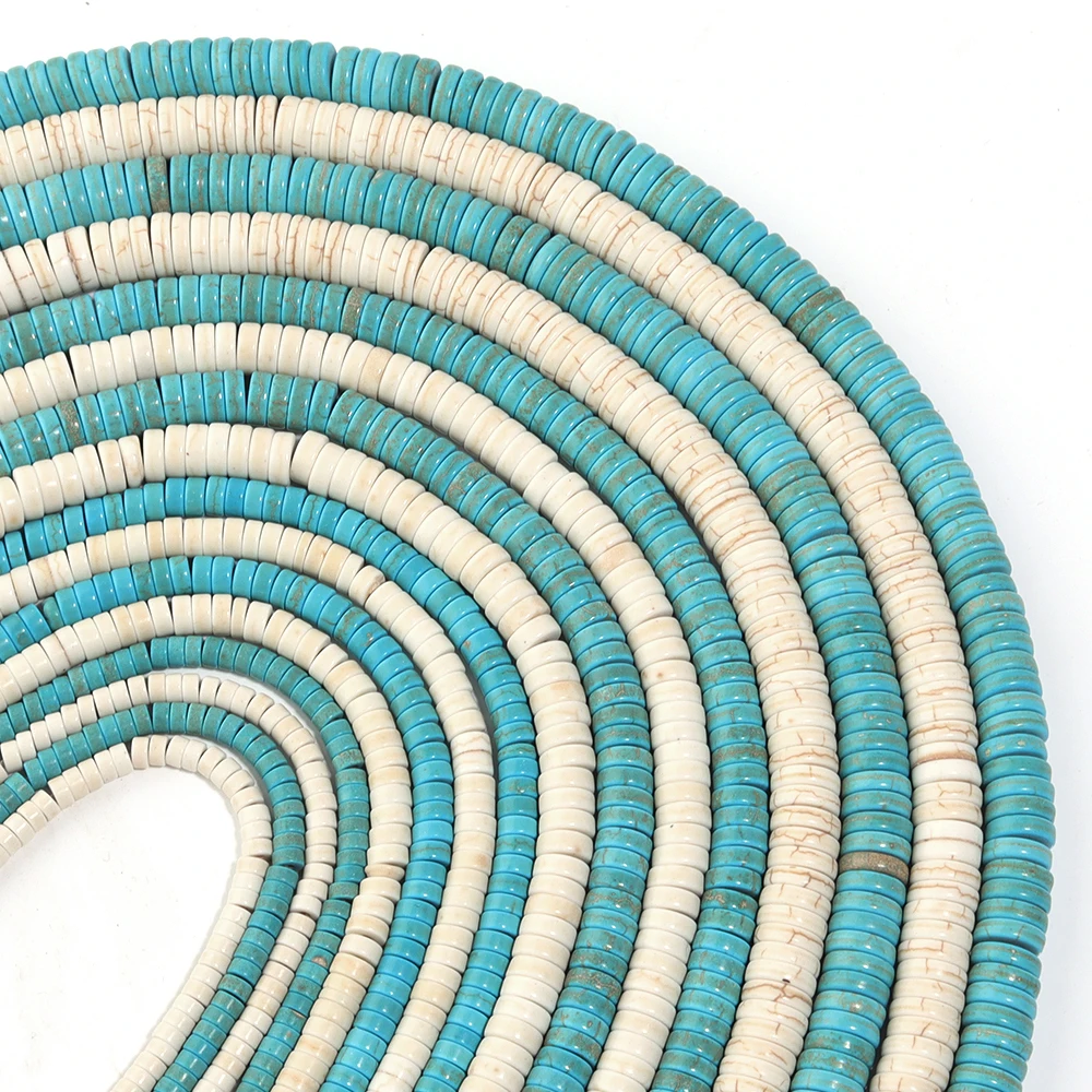 Großhandel flache runde Naturstein-Türkis-Perle, 4/6/8/10 mm, blau-weiße Distanzperle für Schmuckherstellung, DIY-Armbänder, Halsketten