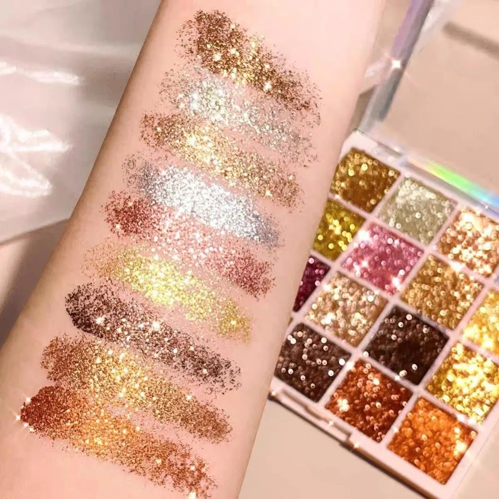 16 Colors Glitter Eyeshadow Palette Shimmer Golden Color Face Makeup Multicolor Finish Body Sparkle Sequin Stage Party Makeup