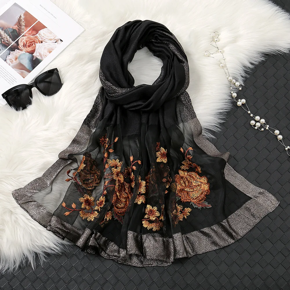 2024 Autumn Winter Embroidered Scarf Satin Flower Shawls Wrap Turban Hijab Maxi Scarves Bufandas Pashmina Foulard Turbante Mujer