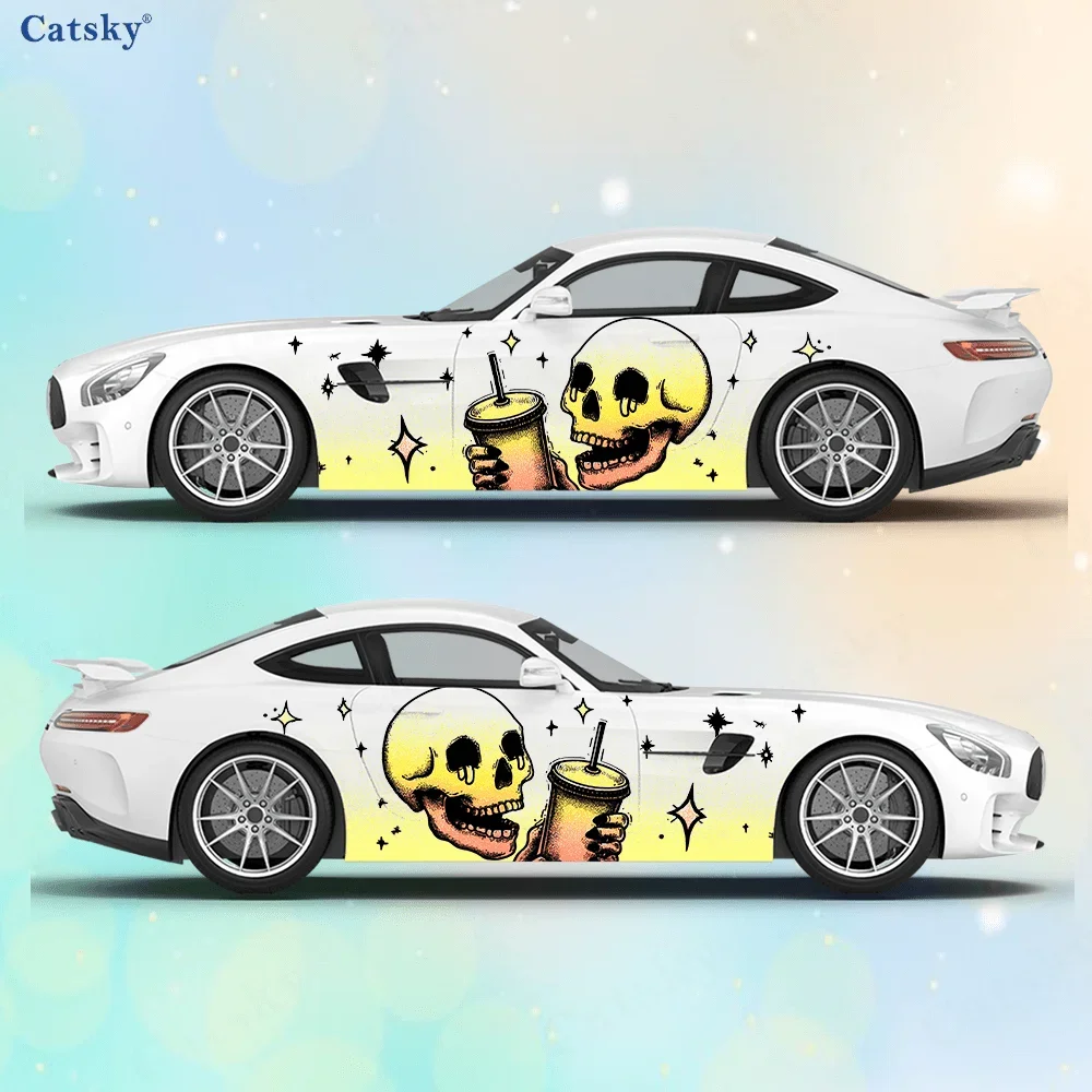Graduated Color Skull Drink Car Side Car Wraps, Self-Adhesive PVC Waterproof & Scratch-Resistant Stickers, Car Accessory Gift
