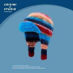 Ins Sweet Contrasting Color Striped Ear Protector Knitted Hats Women Autumn Winter Fashion Warm Versatile Pullover Bomber Cap