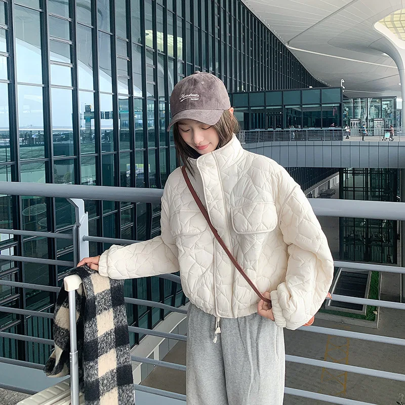 Design Drawstring Waist-Fitted Short Cotton Jacket Loose High-Neck Long-Sleeve Outerwear for Women Autumn Winter Quilted Jacket