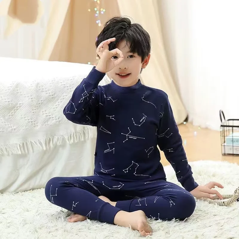 2026 A Set Children's 100% Cotton Mid-neck Long Johns Print Set Boys and Girls Spring and Autumn Pajamas Long-sleeved Trousers