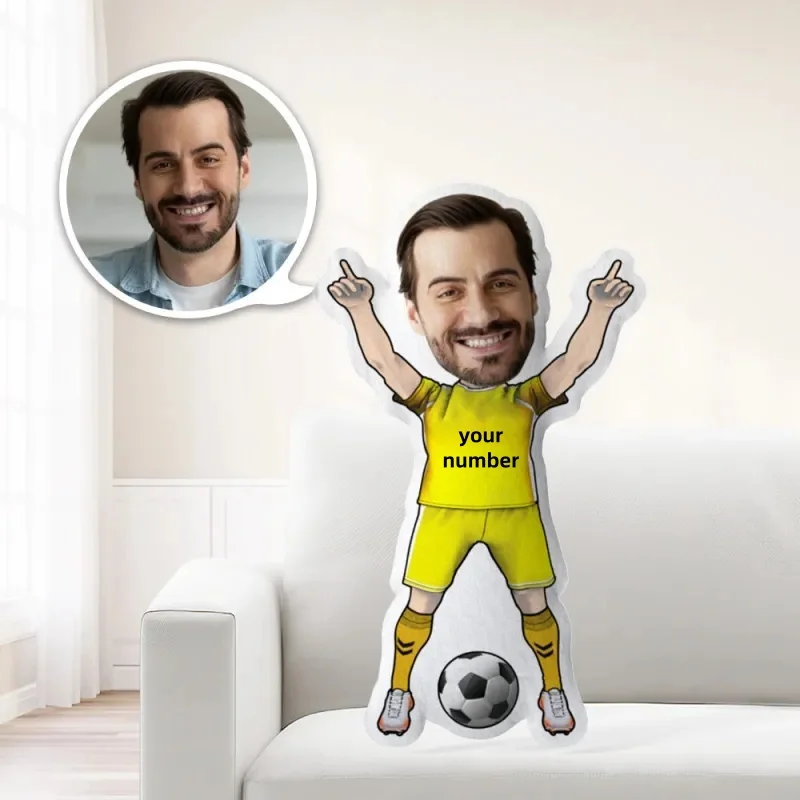 Maßgeschneidertes Fußballspieler-Sitzkissen mit personalisiertem Gesichtswechsel-Design, mehrfarbiger Polyester-Strickstoff, ideales Geschenk
