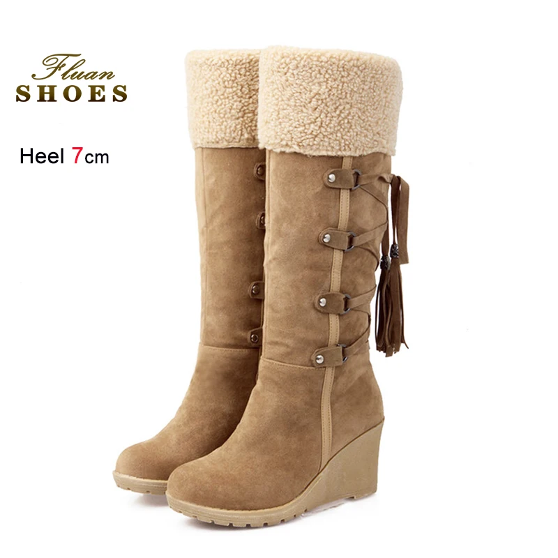 

Cross Strap Suede Boots For Women 7CM Wedge Heels Warm Winter Shoes Anti-Slip Soled Plus Size Snow Knee-high Long Cotton Boots