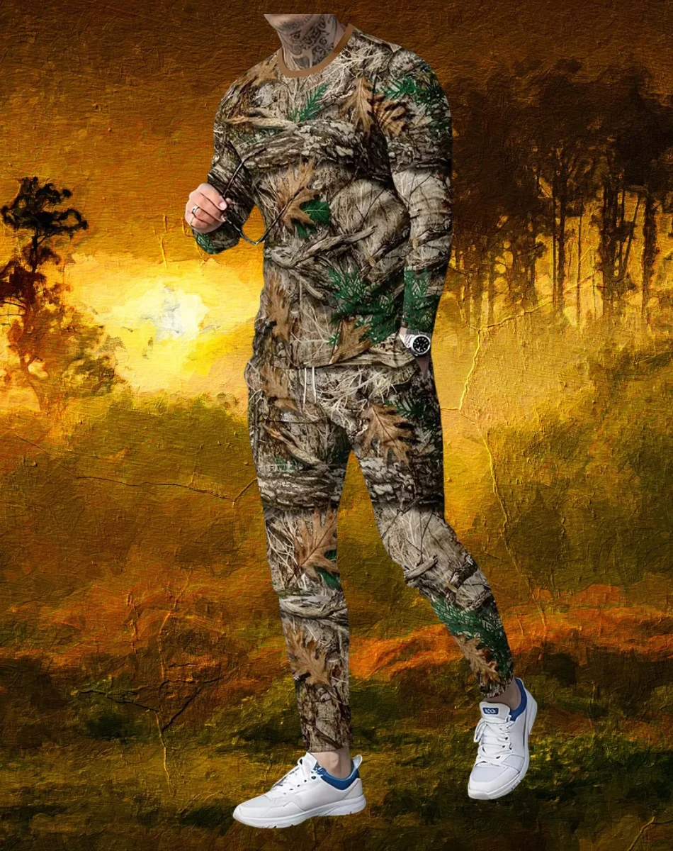 

Artificial Leaf Camouflage Printed Men's Sets Spring/Autumn Daily Casual Men's Long-sleeved T-shirt Outdoor Street Men's Pants