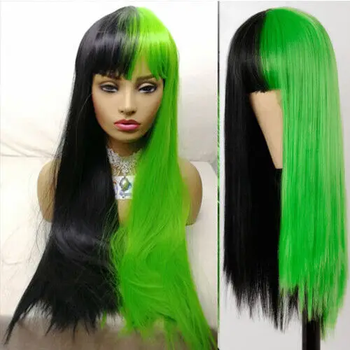 Women Half Green Half Black Synthetic Long Straight Bangs Soft Wigs