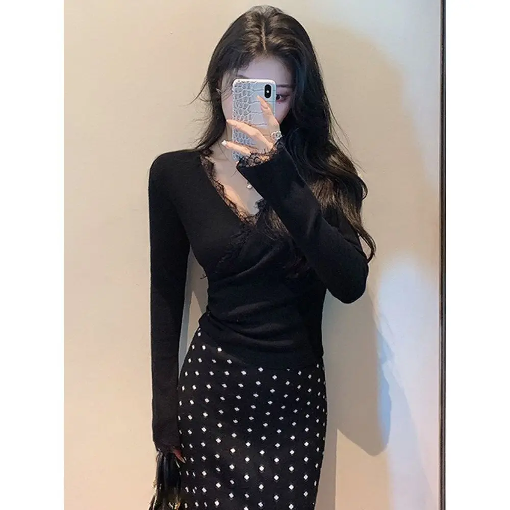 Lace V-neck Long-sleeved Trendy Women's T Shirt New High-end Purple Innerwear Base Layer Top