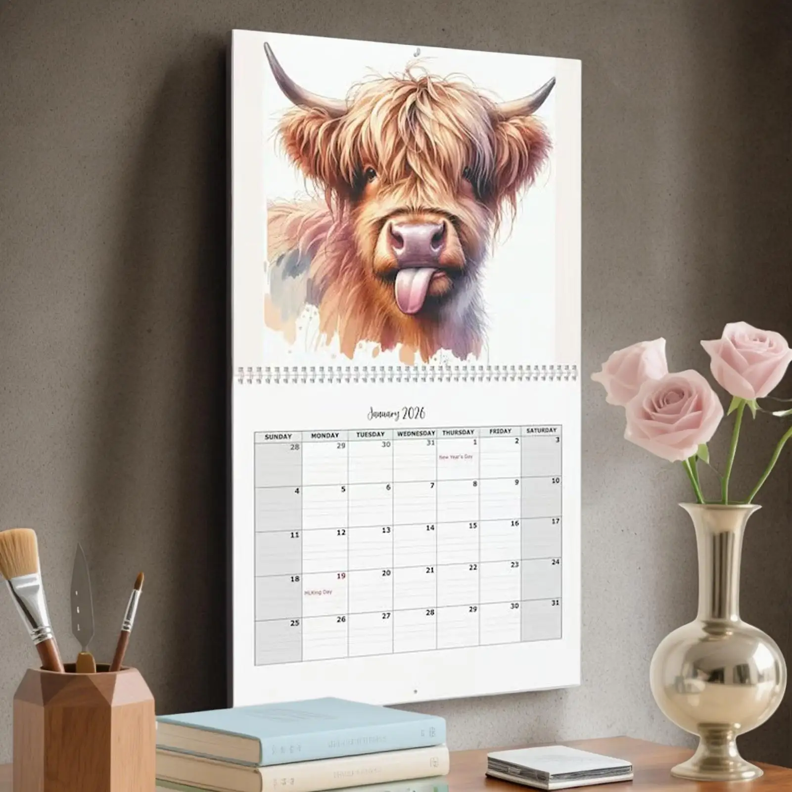 2026 Calendario da parete Calendario per bovini delle Highland Divertente mucca delle Highland Carta spessa Pianificatore mensile Decorazioni murali per la casa Regali di Capodanno